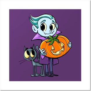 little dracula holds a pumpkin for halloween and the cat flies around his legs Posters and Art